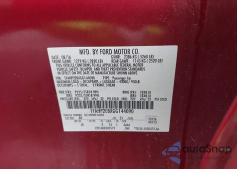 2016 Ford Taurus Sel из США, поврежденный, VIN 1FAHP2E8XGG144090